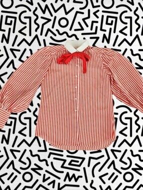 Womens Vintage Red & White Striped Button-Down Shirt with Bow Collar